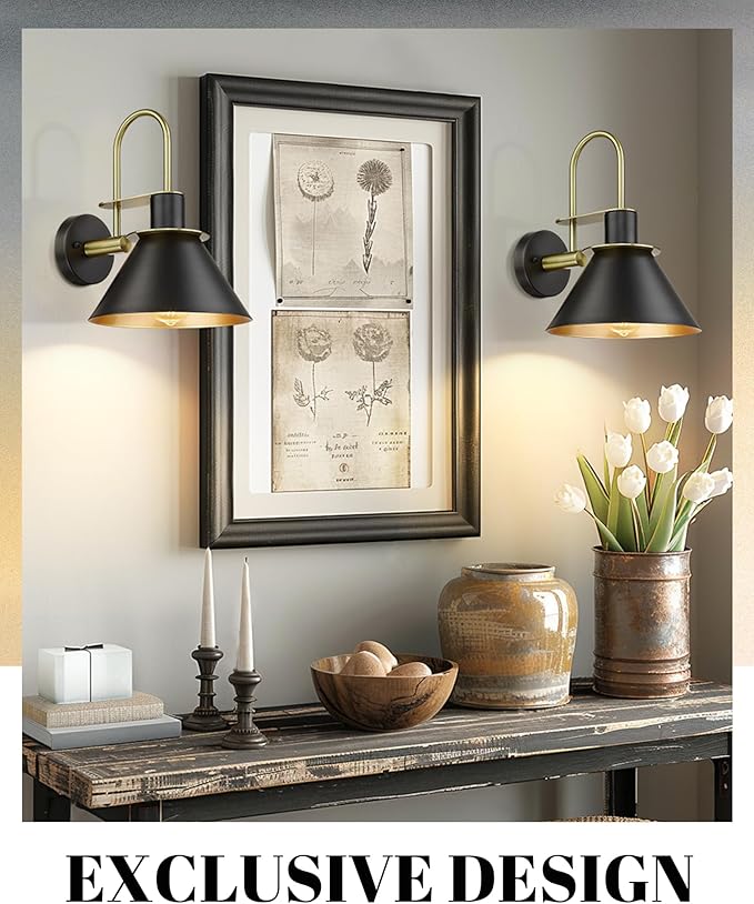 Industrial Wall Sconce Set of 2, HWH Modern 1-Light Bathroom Vanity Light Fixtures, Single Wall Sconce for Bedroom, Balcony, Over Mirror, Kitchen Sink, Black and Gold Finish, 5HZG56B-2 BK+BG
