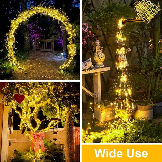 QITONG Warm White Solar Fairy Lights, 2 Pack Each 66ft 200 LED String Lights Outdoor, Silver Wire Solar Christmas Mini Lights