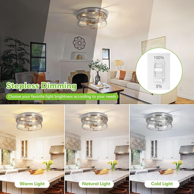 Farmhouse Ceiling Light - Dimmable Rustic Black Flush Mount E26 Industrial Ceiling Modern Led for Hallway Livingroom Kitchen Bedroom (1 Pack - Brushed Nickel, 12 Inch - 3 Lamp Holders)