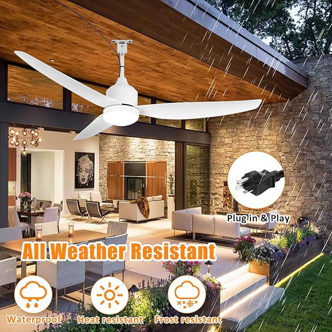 Depuley Outdoor Ceiling Fan with Light: 52 Inch Waterproof Gazebo Fans with Lights Outdoor Hanging - Plug in Remote App Control for Patio Indoor Farmhouse Porch - White 6 Speed Reversible DC Motor