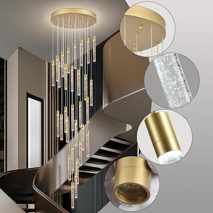 30-Lights Bubble Chandelier for Entryway High Ceiling-196 Height Adjustable Crystal Chandelier,3 Color Temperature Dimmable LED Pendant Light Fixture for Foyer Living Room Staircase,Gold