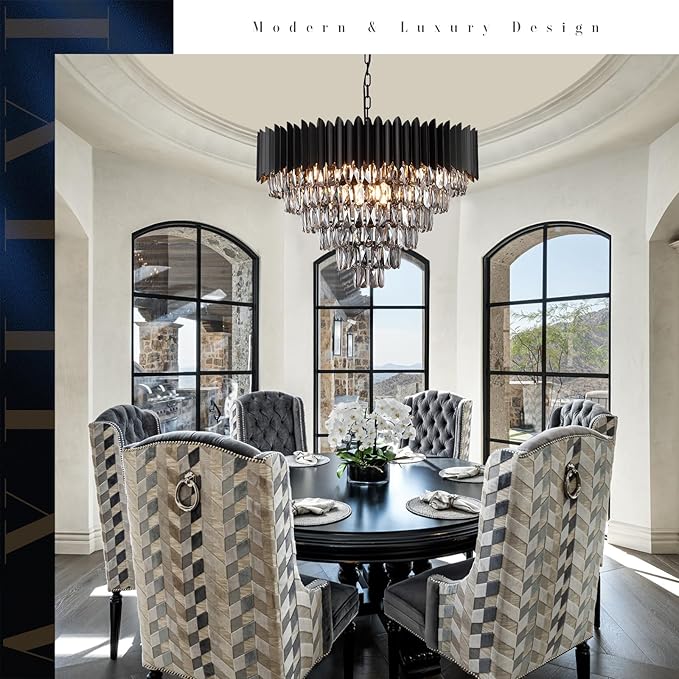 A AXILIXI Large Black Crystal Chandeliers Modern 30'' Round Chandeliers Lights Fixtures for Foyer Pendant Light 16 Lights 6-Tiers Smoke K9 for Staircase Dinning Room Living Room Bedroom