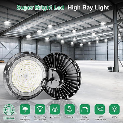UFO LED High Bay Light 240W 5000K 0-10V Dimmable 36000LM High Bay LED Shop Lights 240w with US Plug IP65 ETL Listed 1000W HID/HPS Replacement UFO Lights for Shop Warehouse Garage Gym 4 Pack