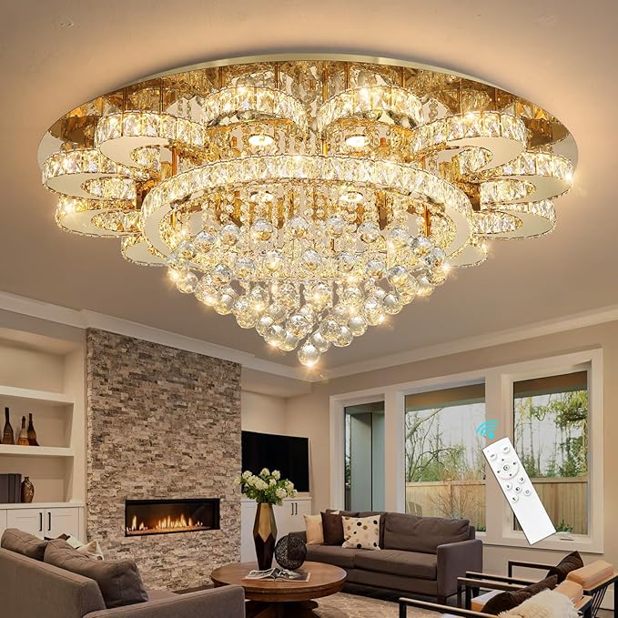 HAIXIANG Modern Chandelier Living Room Light Glam Chandeliers Ceiling Light Fixture Remote Dimmable Lights 40 Inches Luxury Crystal Gold Dining Room Lights