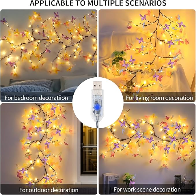 FNHMSL Butterfly Enchanted Willow Vine Lights, 4FT 48LED 3 Color Butterfly Blossom Tree Branch Lights for Wall with USB Battery Box, Remote Timer,8 Light Model, Bedroom Wall Doors Wedding, Christmas