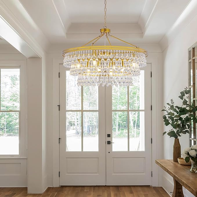 Wellmet 32" Brass Gold Farmhouse Chandelier, Large Modern Crystal Teardrop Chandeliers, Round Light Fixture for Dining Room, Living Room, Bedroom, Kitchen, Hallway, Closet