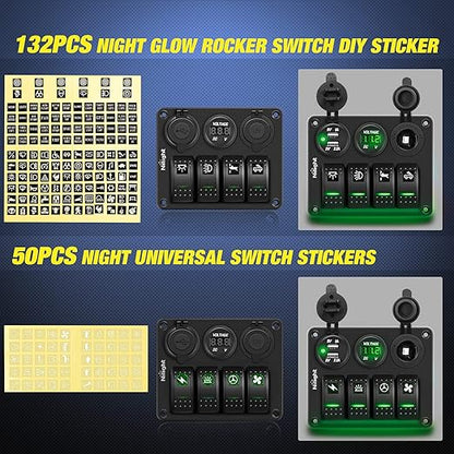 Nilight 4Gang Rocker Switch Panel with USB Charger Voltmeter and Cigar Lighter 12V 24V Toggle ON Off Green Night Glow Stickers for Cars Rvs Trucks