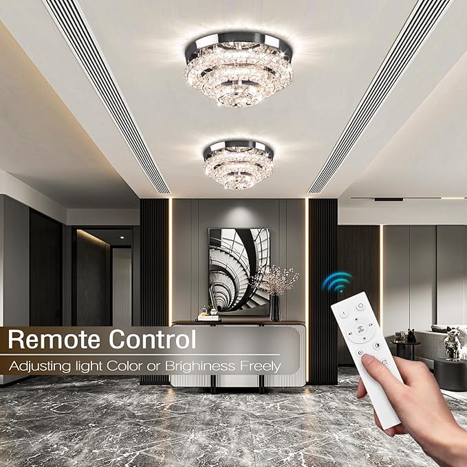 11.8" Modern Crystal Chandeliers LED Crystal Ceiling Light Fixture Flush Mount Ceiling Chandelier Light Chandelier for Dining Room Hallway Three-Tier Dimmable with Remote Control