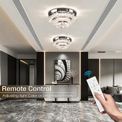 11.8" Modern Crystal Chandeliers LED Crystal Ceiling Light Fixture Flush Mount Ceiling Chandelier Light Chandelier for Dining Room Hallway Three-Tier Dimmable with Remote Control