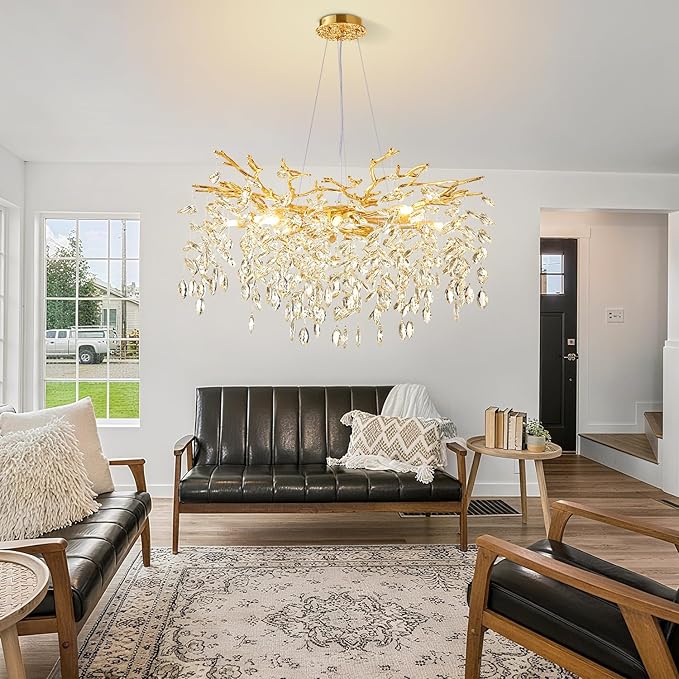 Modern Tree Branch Crystal Chandelier 30" Gold Luxury Large Pendant Lighting 10-Light Contemporary K9 Crystal Chandeliers for Dining Room Kitchen Living Room Foyer Entryway (Gold, D30-Round)