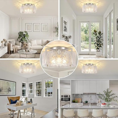 4-Light Modern Semi Flush Mount Ceiling Light Silver, 16'' Entryway Light Fixture, Glass Ceiling Mount with Hammer Glass for Passage Aisle Kitchen Island Dining Room Living Room Lighting Fixtures