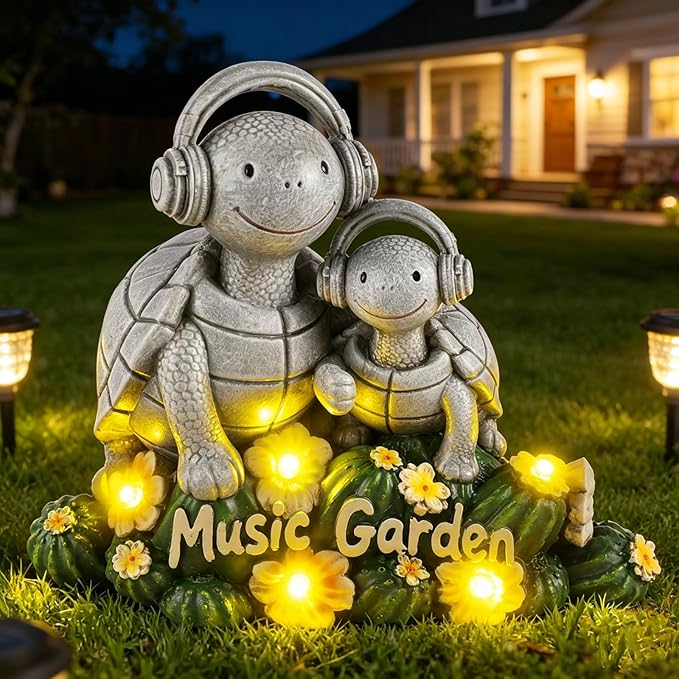 Solar Garden Turtle Statue 5.9"with Headphones,Solar Statue with 5 LED Lights,Anti-Fade Stone Texture Turtle Gifts for Women Men Mom Dad,Unique Resin Lawn Ornaments for Patio Yard Lawn Balcony