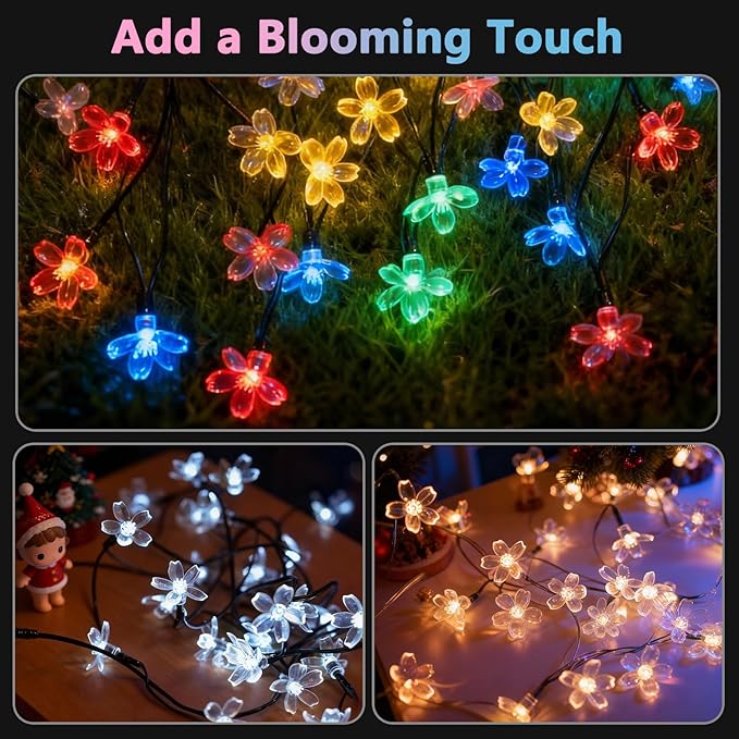 60 LED Solar String Lights Outdoor Waterproof Flower Fairy Lights for Garden Fence Patio Yard Christmas Tree Lawn Wedding Party Decor, Red and Warm White