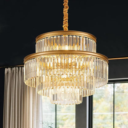 21.6" 14-Light Modern Crystal Chandelier Light Fixtures 4-Tier Gold Luxury Chandeliers for Dining Room Round Hanging Pendant Lighting for Living Room Kitchen Entryway Bedroom Foyer Hallway