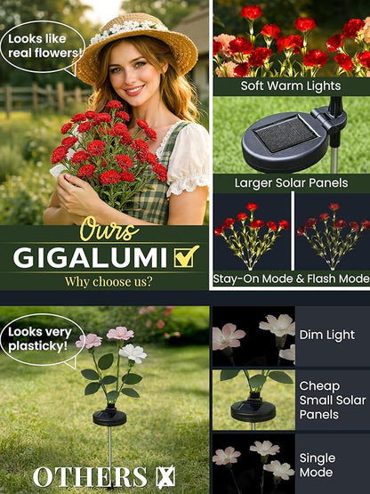 GIGALUMI Solar Lights Outdoor for Garden Decor, 4 Pack Solar Flower Lights Waterproof, 2 Lighting Modes 28 Carnations for Pathway,Yard, Patio Decoration, Gardening Gifts for Women (Red)