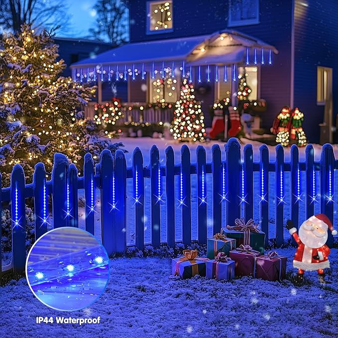 JMEXSUSS Solar Christmas Lights Outdoor, 8 Tube 144 LEDs Solar Meteor Shower Lights Outdoor, Hanging Blue Christmas Light for Tree Icicle Garden Yard Patio Gazebo Party Xmas Decor