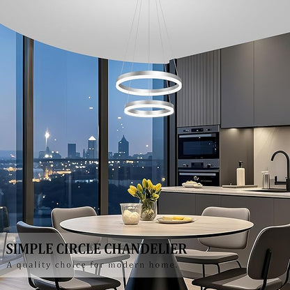 Modern Nickel Led Chandelier 2 Rings Dimmable LED Chandeliers with Remote Control Light Fixture for Kitchen Island Height Adjustable Chandelier Led Pendant Light for Living Room Dining Room