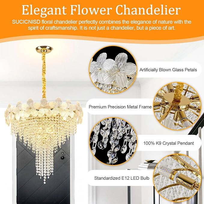 Gold Crystal Chandelier, 23.6" Luxury Flower Round Contemporary Chandeliers, 9-Light Adjustable Height Ceiling Fixture Elegant Modern Chandelier for Dining Room, Living Room, Staircase