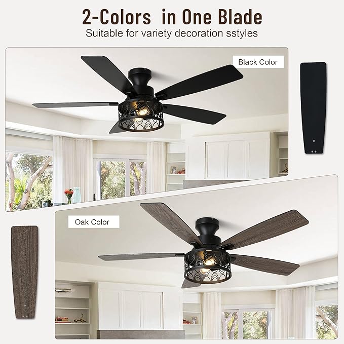 52'' Ceiling Fan with Lights, Flush Mount Farmhouse Ceiling Fan with Remote Control, 6 Speeds Reversible DC Motor, Low Profile Industrial Caged Ceiling Fan for Bedroom Living Room