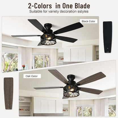 52'' Ceiling Fan with Lights, Flush Mount Farmhouse Ceiling Fan with Remote Control, 6 Speeds Reversible DC Motor, Low Profile Industrial Caged Ceiling Fan for Bedroom Living Room