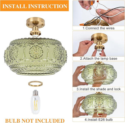 Semi Flush Mount Ceiling Light Fixture - Brass & Gold Floral Design, Green Glass Shade, Vintage Modern Lighting for Kitchen, Bathroom, Entryway (Bulb Not Included)