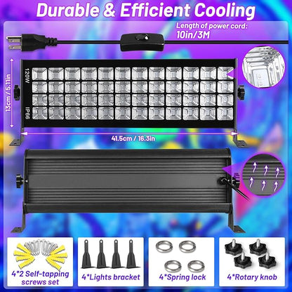 120W Waterproof LED Black Lights, YQNLIFA 2 Pack 10Ft Cable Black Light Bar with Plug & Switch, IP66 Indoor/Outdoor Blacklight for Neon Glow Party, Body Paint, Fluorescent Reactive, Back Yard, Stage