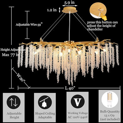 Modern Crystal Tree Branch Chandelier, Gold Linear Art Deco Raindrop Indoor Hanging Pendant Light Fixture for Dining Room Kitchen Island Living Room Bedroom 13 Lights L40''