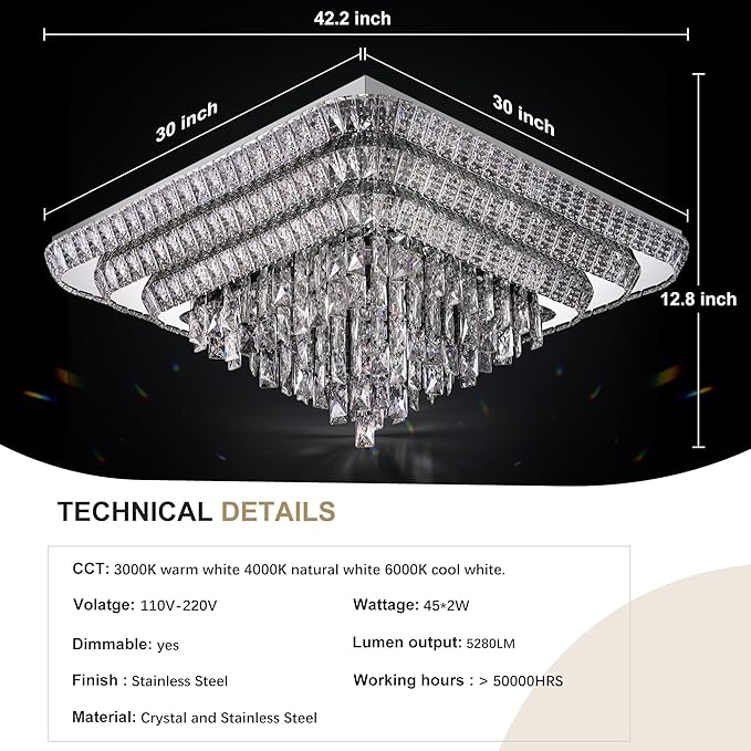COCOSTAR Crystal Chandeliers, Modern Led Luxury Chandelier, 42" Suqare Flush Mount Chandelier Ceiling Light, Raindrop Chandeliers for Dining Room, Living Room, Bedroom