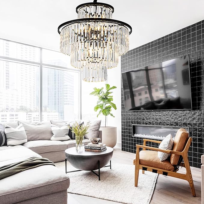 23" 14-Light Modern Crystal Chandelier Light Fixtures 4-Tier Black Luxury Chandeliers for Dining Room Round Hanging Pendant Lighting for Living Room Kitchen Entryway Bedroom Foyer Hallway