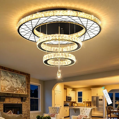 HAIXIANG Crystal Glam Chandelier LED Ceiling Light Living Room Lighting Fixtures Remote Dimmable Ceiling Chandeliers 32 Inches Light Black Lamp