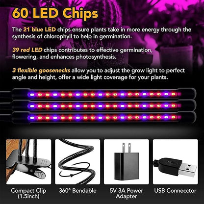 iPower 60 LED Grow Light with Full Spectrum for Indoor Plants, Adjustable Gooseneck, 3 Light Modes&10 Dimmable Levels, Auto 3H/9H/12H Timer, 3 Tudes, Red&Blue