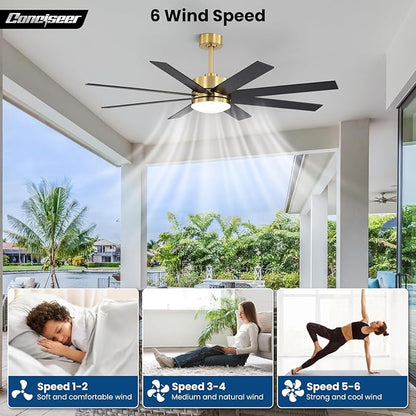 60 Inch Ceiling Fans with Lights and Remote, Dual Color 6 Blades, Bedroom Living Room Office Library Cafe Outdoor Industrial, 3CCT Dimmable, 6 Speed Reversible Quiet DC Motor, Gold/Wood Grain