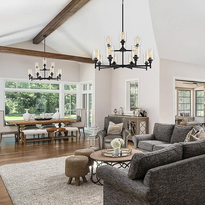 LIGHTDAMY Black Chandelier for Living Room Light Fixture, Large Farmhouse Chandeliers with Clear Glass Shade, Industrial 2-Tier 12 Lights Hanging Lighting for Dining Room Restaurant Villa