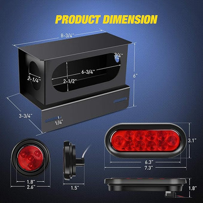 Nilight 2PCS Steel Trailer Light Boxes Housing Kit w/6Inch Oval Red LED Trailer Tail Lights 2 Inch Round Red LED Side Marker Lights w/Grommet Plugs Wire connectors