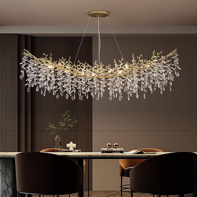 Modern Crystal Chandelier for Dining Room, 16-Light 55.12" Gold Tree Branch Chandeliers, Luxury K9 Crystal Rectangular Chandeliers for Kitchen Island Living Room