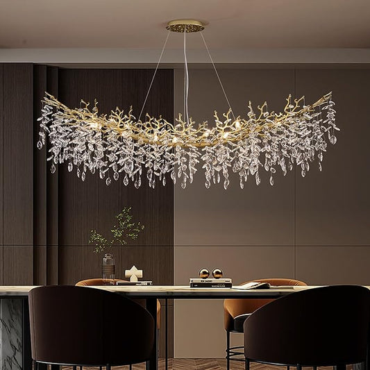 Modern Crystal Chandelier for Dining Room, 16-Light 55.12" Gold Tree Branch Chandeliers, Luxury K9 Crystal Rectangular Chandeliers for Kitchen Island Living Room