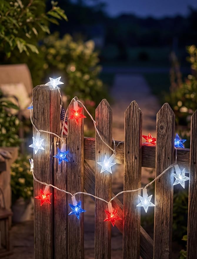 GOOTHY 13.6Ft LED Red White and Blue Star String Lights Plug in, Outdoor 4th of July Decorations Lights with 35 LED Star Light, Hanging Fairy Light for Independence Day Party Garden Patio Birthday