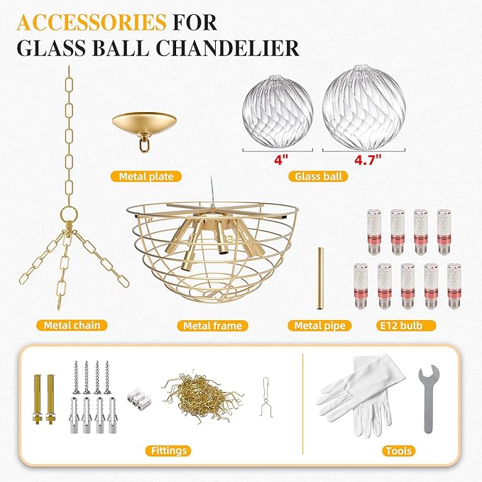 Longree Nordic Bubble Ball Swirled Glass Chandelier, Diam 31" Gild Gold and Clear Modern Hand Blown Glass Pendant Light Fixture for Dining Room, Bedroom, Study, Restaurant, Hallway