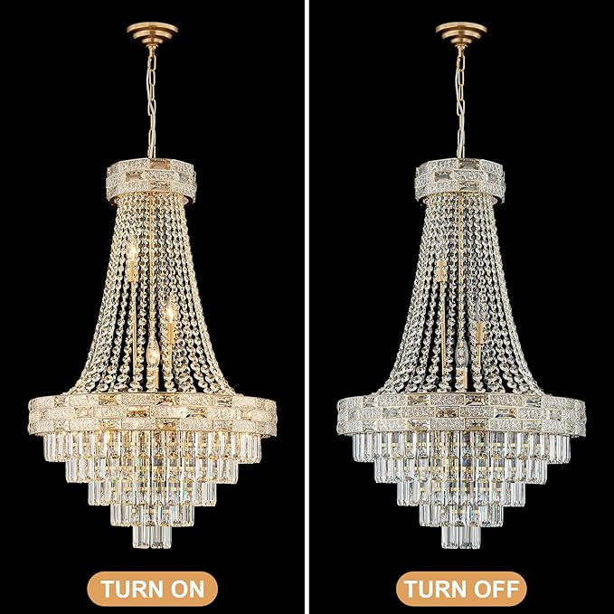 12 Lights Gold Crystal Chandeliers Modern Chandelier for High Ceilings Large Pendant Light Fixture Foyer Staircase Hallway Entryway Living Room Hall Lobby 36" H x 23.5" D