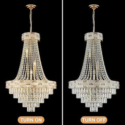 12 Lights Gold Crystal Chandeliers Modern Chandelier for High Ceilings Large Pendant Light Fixture Foyer Staircase Hallway Entryway Living Room Hall Lobby 36" H x 23.5" D
