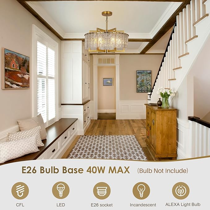 Gold Crystal Chandeliers for Dining Room, 24" Modern Drum Chandelier,Water Ripple Glass, Adjustable Height, Pendant Dining Room Light Fixture for Kitchen Island Hallway Entryway Foyer
