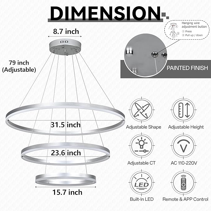 31.5" Nickel Modern Led Chandelier 3 Ring Modern Led Pendant Light Contemporary Ring Chandeliers Dimmable Chandeliers Color Temperature Adjustable Height Hanging Chandelier for Entryway