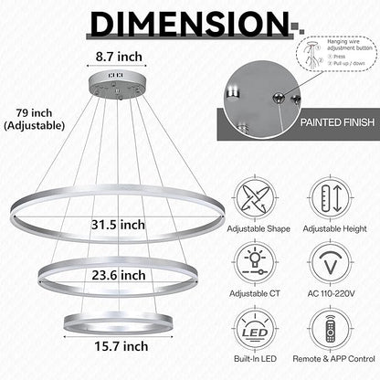 31.5" Nickel Modern Led Chandelier 3 Ring Modern Led Pendant Light Contemporary Ring Chandeliers Dimmable Chandeliers Color Temperature Adjustable Height Hanging Chandelier for Entryway