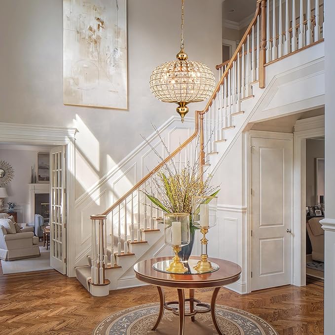 Gold Crystal Chandelier, 16.5" Modern 4-Light Round Crystal Pendant Light Antique Globe Foyer Chandelier for Dining Room Living Room