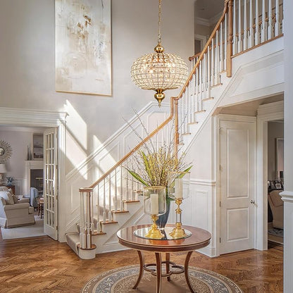 Gold Crystal Chandelier, 16.5" Modern 4-Light Round Crystal Pendant Light Antique Globe Foyer Chandelier for Dining Room Living Room
