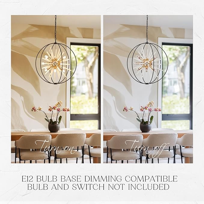 23.6" Black Gold 9-Light Globe Sputnik Chandelier Modern Firework Hanging Ceiling Glass Tube Pendant Light Fixture for Entryway Foyer Staircase Dining Living Room Hallway