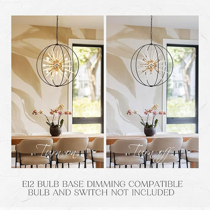 23.6" Black Gold 9-Light Globe Sputnik Chandelier Modern Firework Hanging Ceiling Glass Tube Pendant Light Fixture for Entryway Foyer Staircase Dining Living Room Hallway
