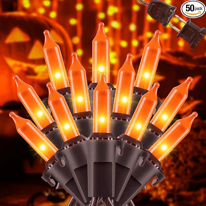 YOUNGAR Orange Halloween Lights, Clear Christmas Lights Outdoor,13FT 50 Approved Christmas String Light with Brown Wire,Incandescent Mini Light Plug in for Indoor Tree Patio Garden Xmas Decor