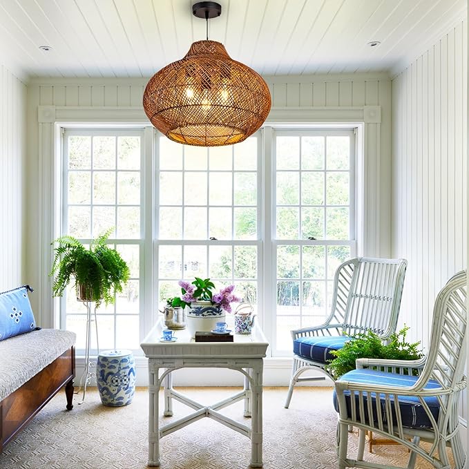 19inch Large Rattan Chandelier, Rattan Woven Chandeliers Dining Room Boho Light Fixture 3-Light Wicker Rustic Hanging Light for Kitchen Island Living Room Foyer Restaurant