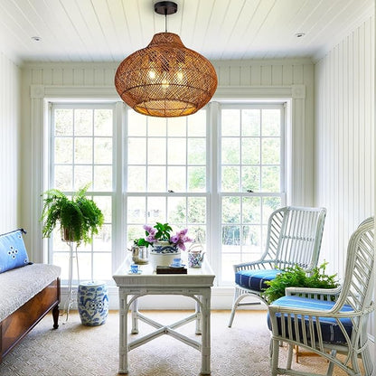 19inch Large Rattan Chandelier, Rattan Woven Chandeliers Dining Room Boho Light Fixture 3-Light Wicker Rustic Hanging Light for Kitchen Island Living Room Foyer Restaurant